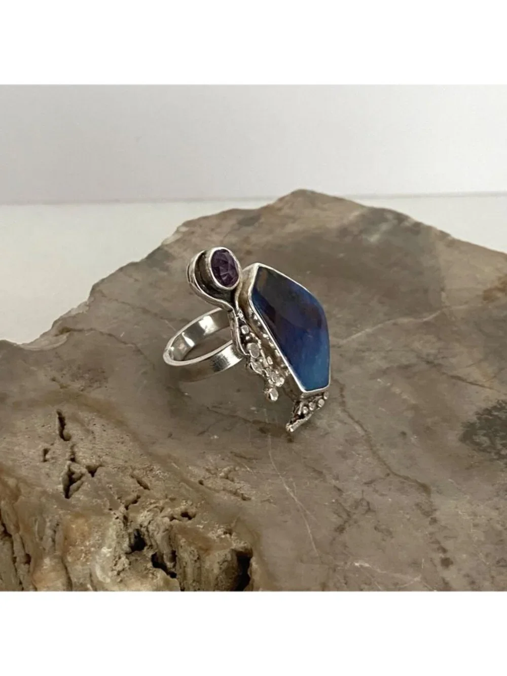 Sterling Silver 925 Brutalist Modernist Amethyst & Agate Ring Adjustable 7.5 - 8